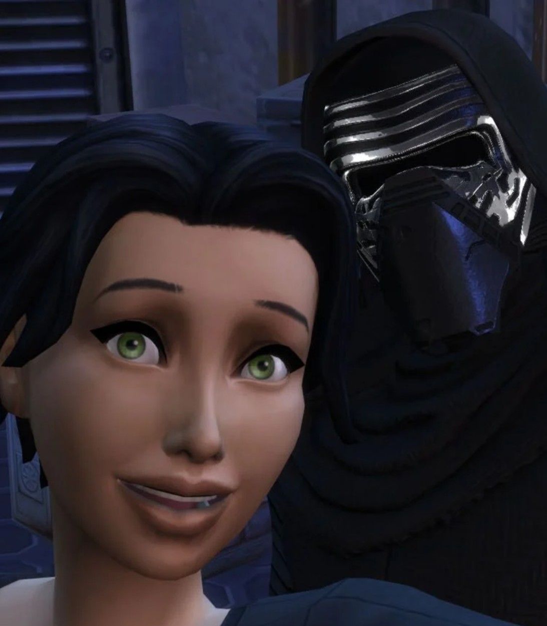A player's Sim takes a selfie with Kylo Ren in Sims 4 Star Wars: Journey to Batuu