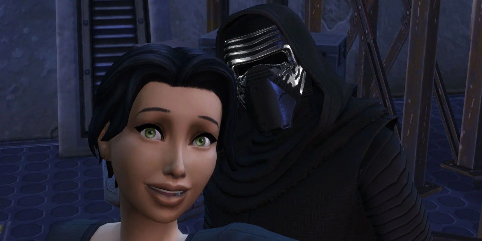 A player's Sim takes a selfie with Kylo Ren in Sims 4 Star Wars: Journey to Batuu