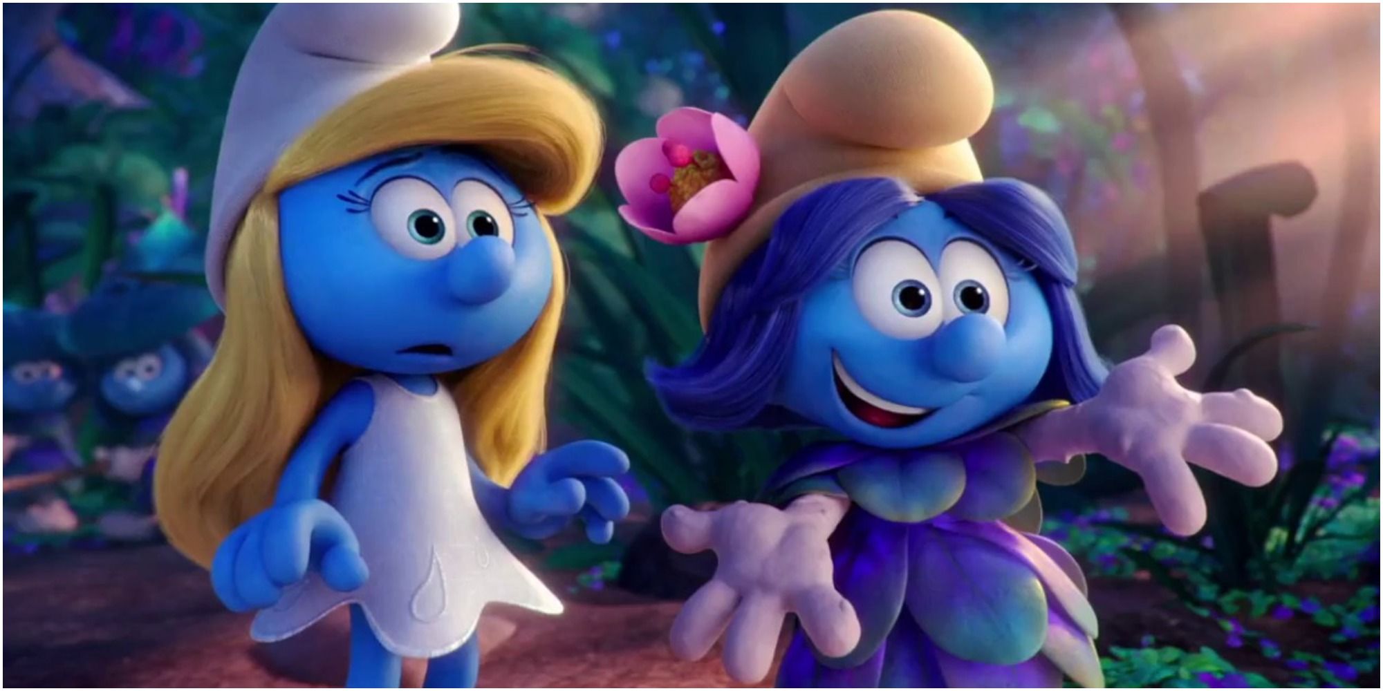 A screenshot of Ellie Kemper as SmurfBlossom with Smurfette in Smurfs: The Lost Village