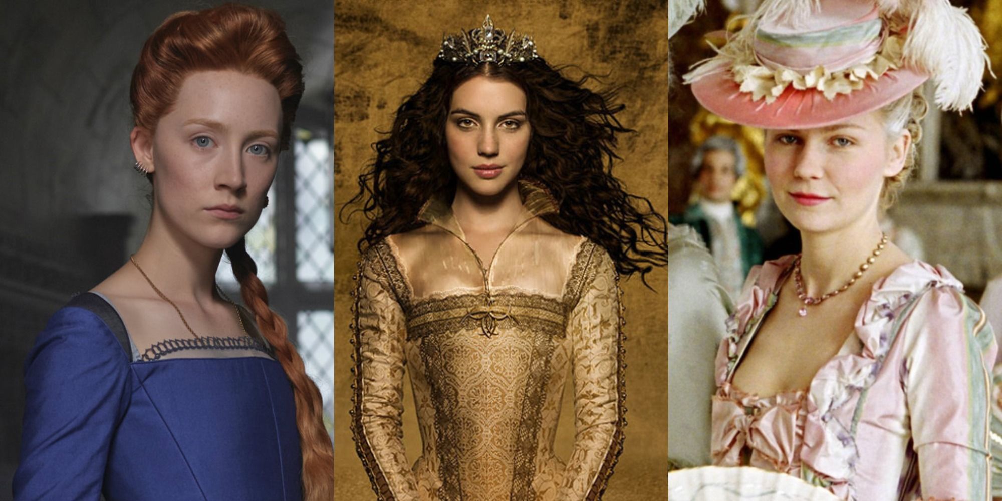 Soarsie Ronan in Mary Queen of Scots, Queen in promo image of Reign and Kirsten Dunst in Marie Antoinette collage