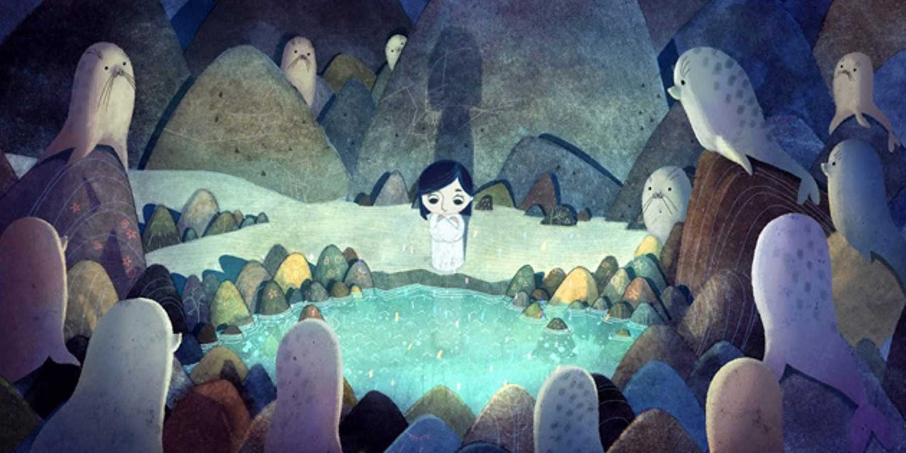 A girl stands by a pond surrounded by creatures in Song of the Sea.