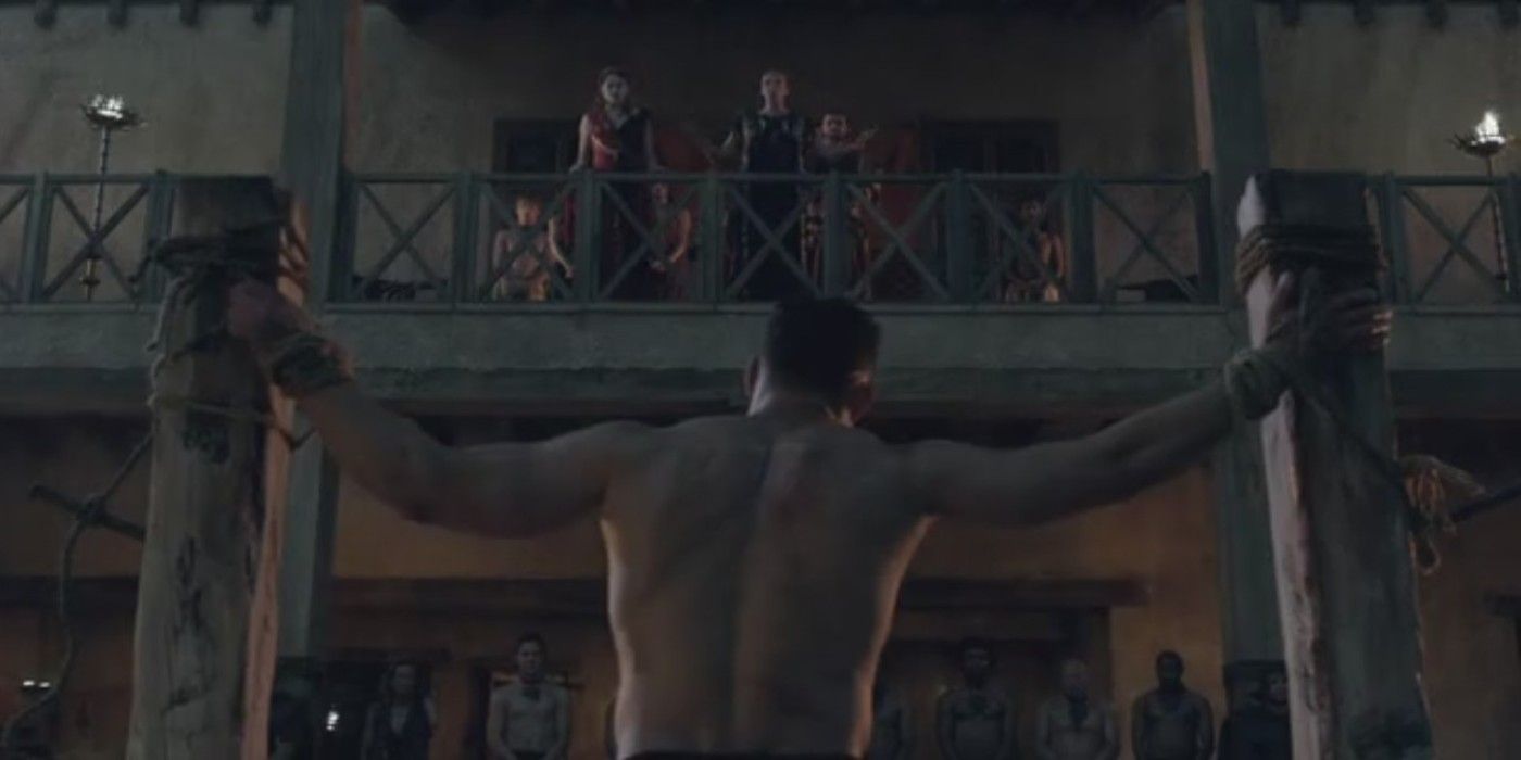 Starz Spartacus Crixus tied up and beaten in ludus