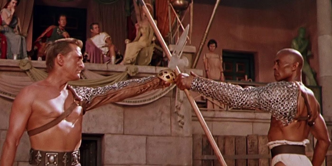 Kirk Douglas about to fight as a gladiator in Spartacus