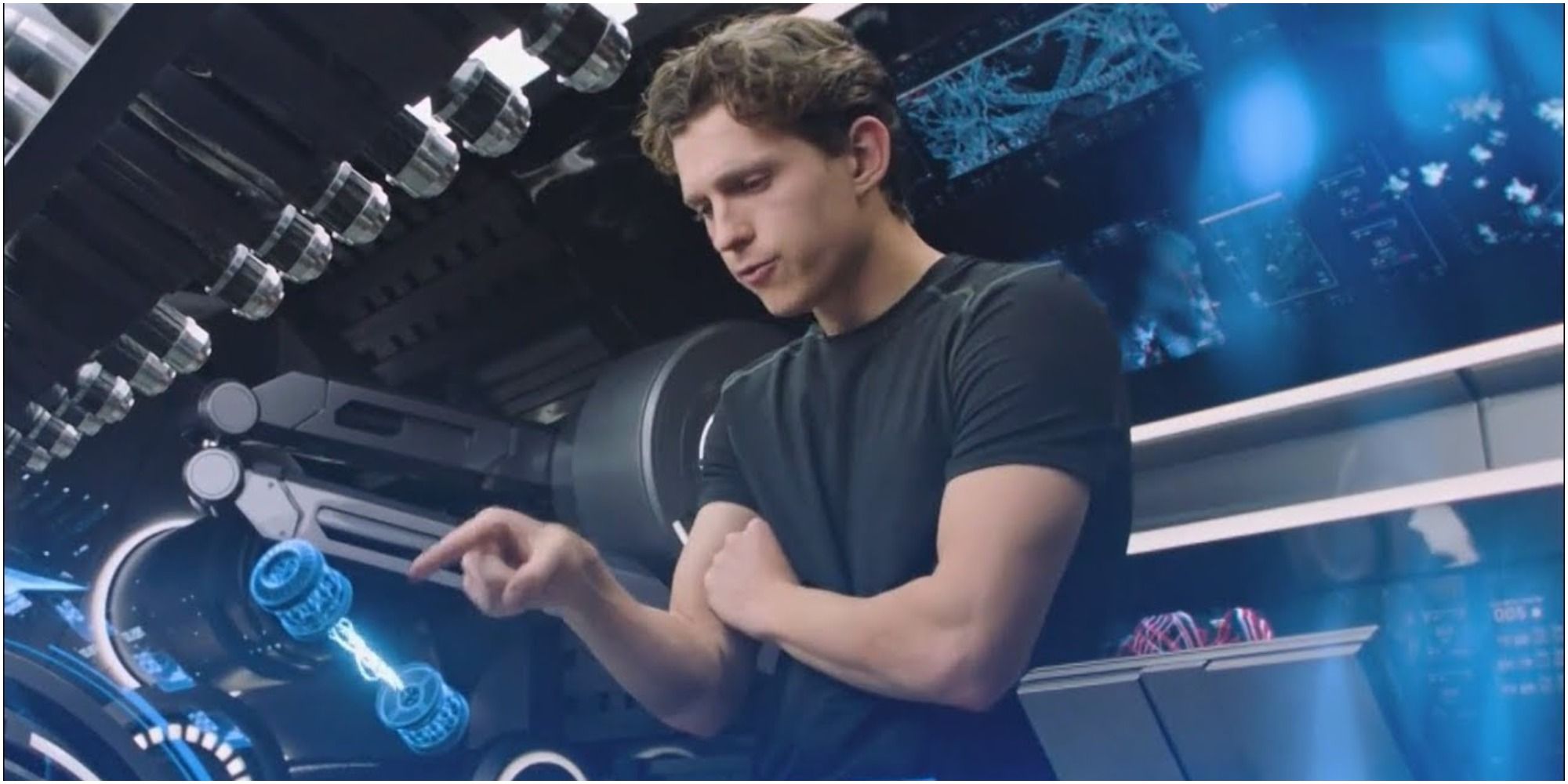 A screenshot of Peter creating his own Spider-Man suit in Spider-Man: Far From Home