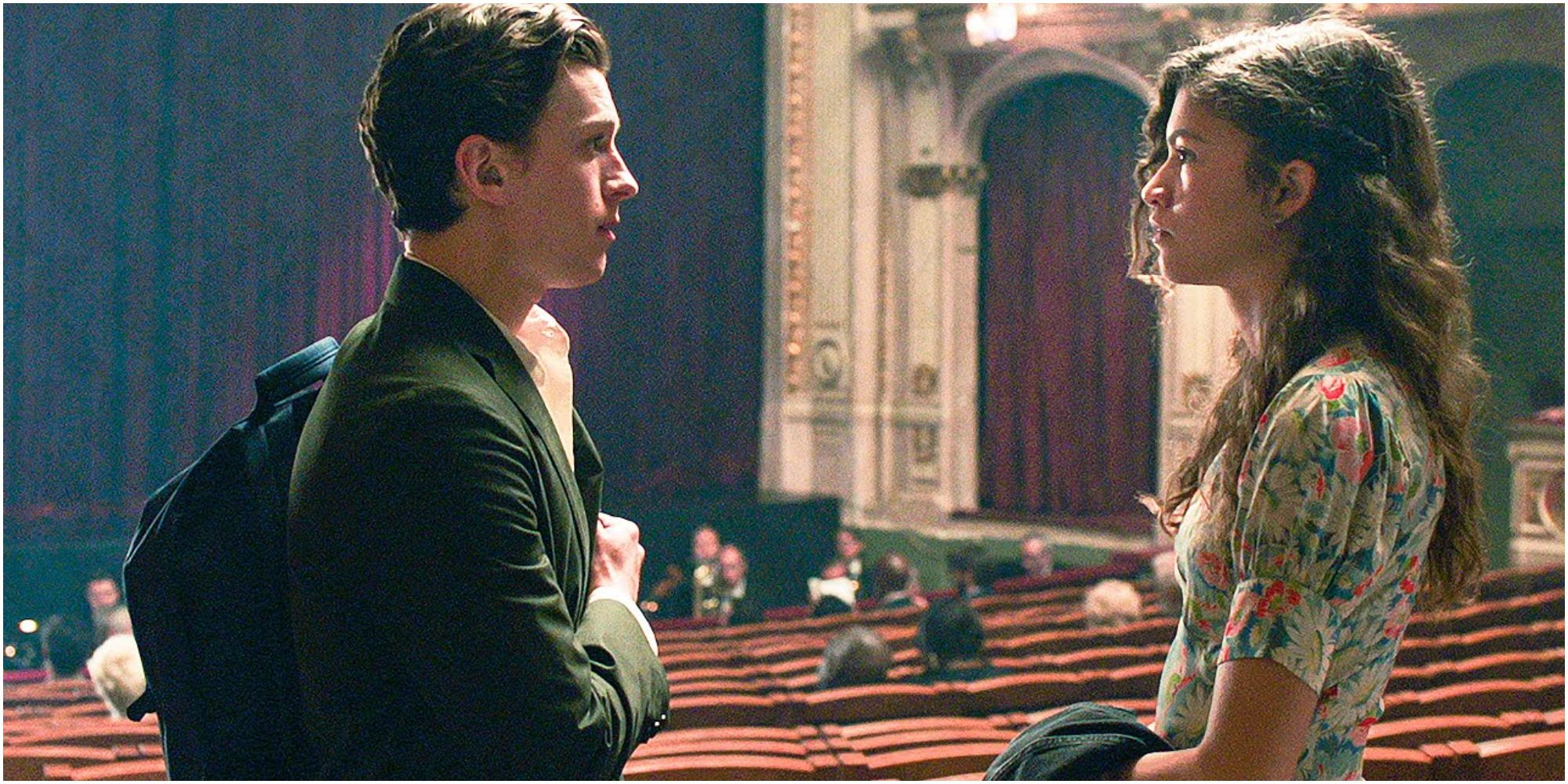 A screenshot of Peter speaking to MJ in the Prague Opera House in Spider-Man: Far From Home