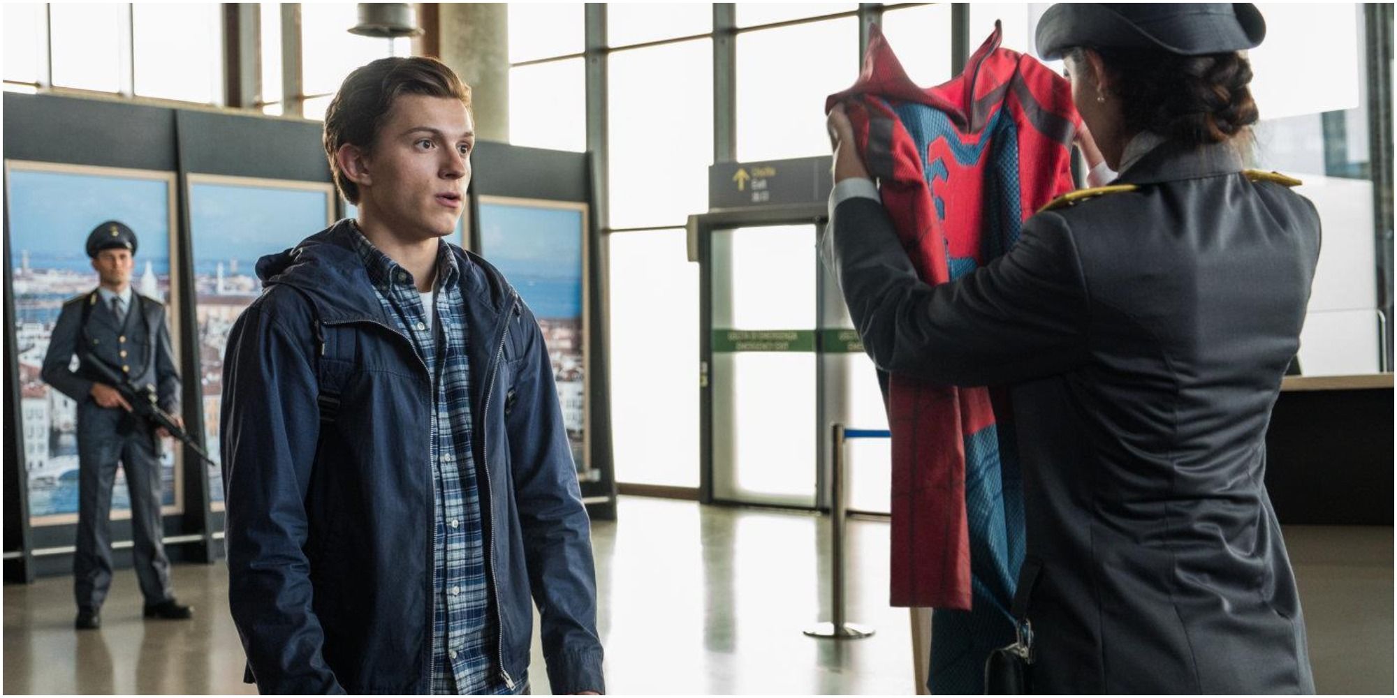 A screenshot of Peter passing through Customs in Spider-Man: Far From Home