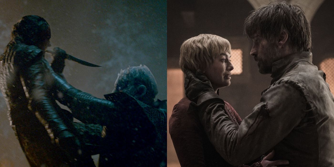 Split image of Arya Stark killing the Night King during the Battle of Winterfell &amp; Cersei and Jaime Lannister dying underneath the Red Keep in Game Of Thrones