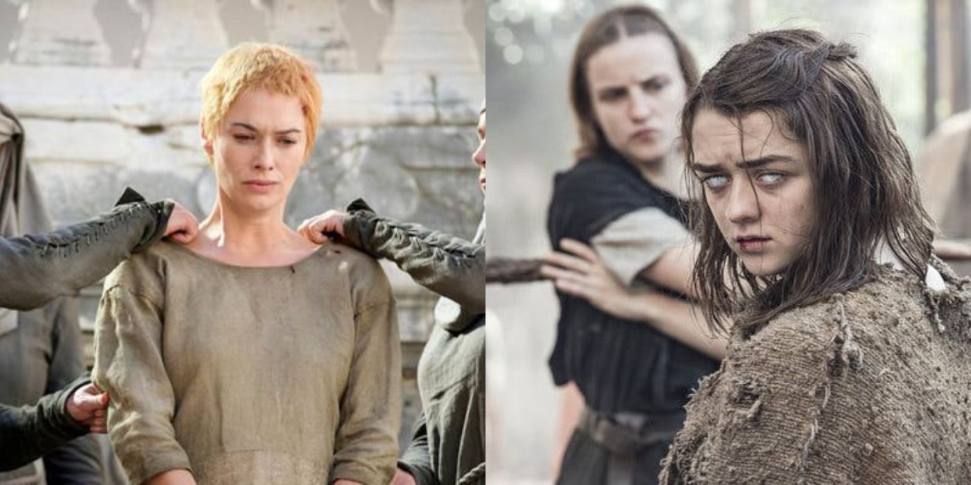 Split image of Cersei being stripped for her walk of shame &amp; a blind Arya Stark fighting the Waif in Game of Thrones