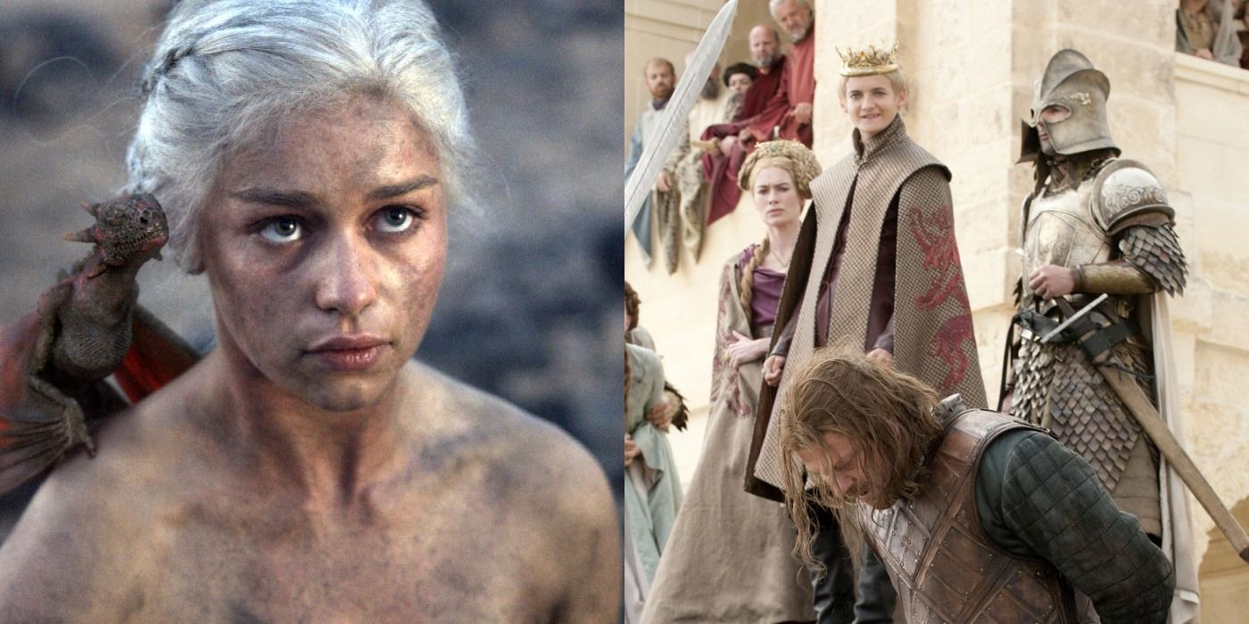 Split image of Daenerys holding her new born dragon &amp; Ned Stark's execution at King's Landing in Game Of Thrones