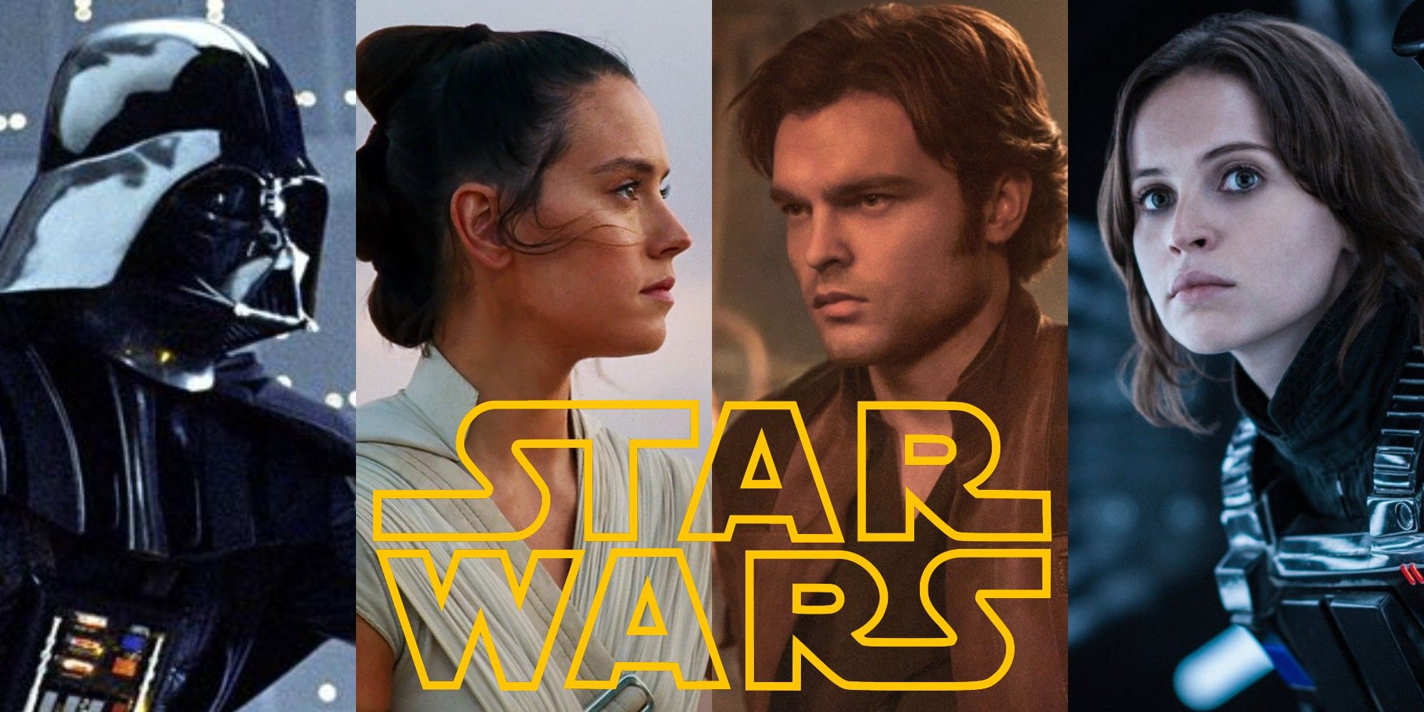Split image of Darth Vader, Rey, Young Han Solo and Jyn Erso from Star Wars movies with the franchise logo on top