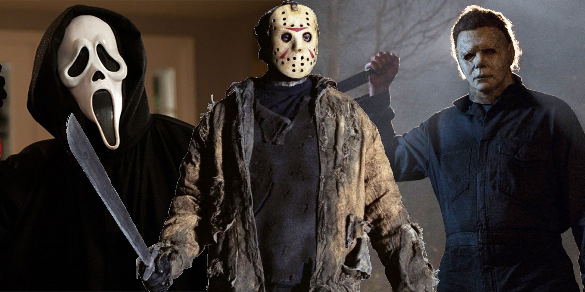 Split image of Ghostface, Jason Voorhees and Michael Myers