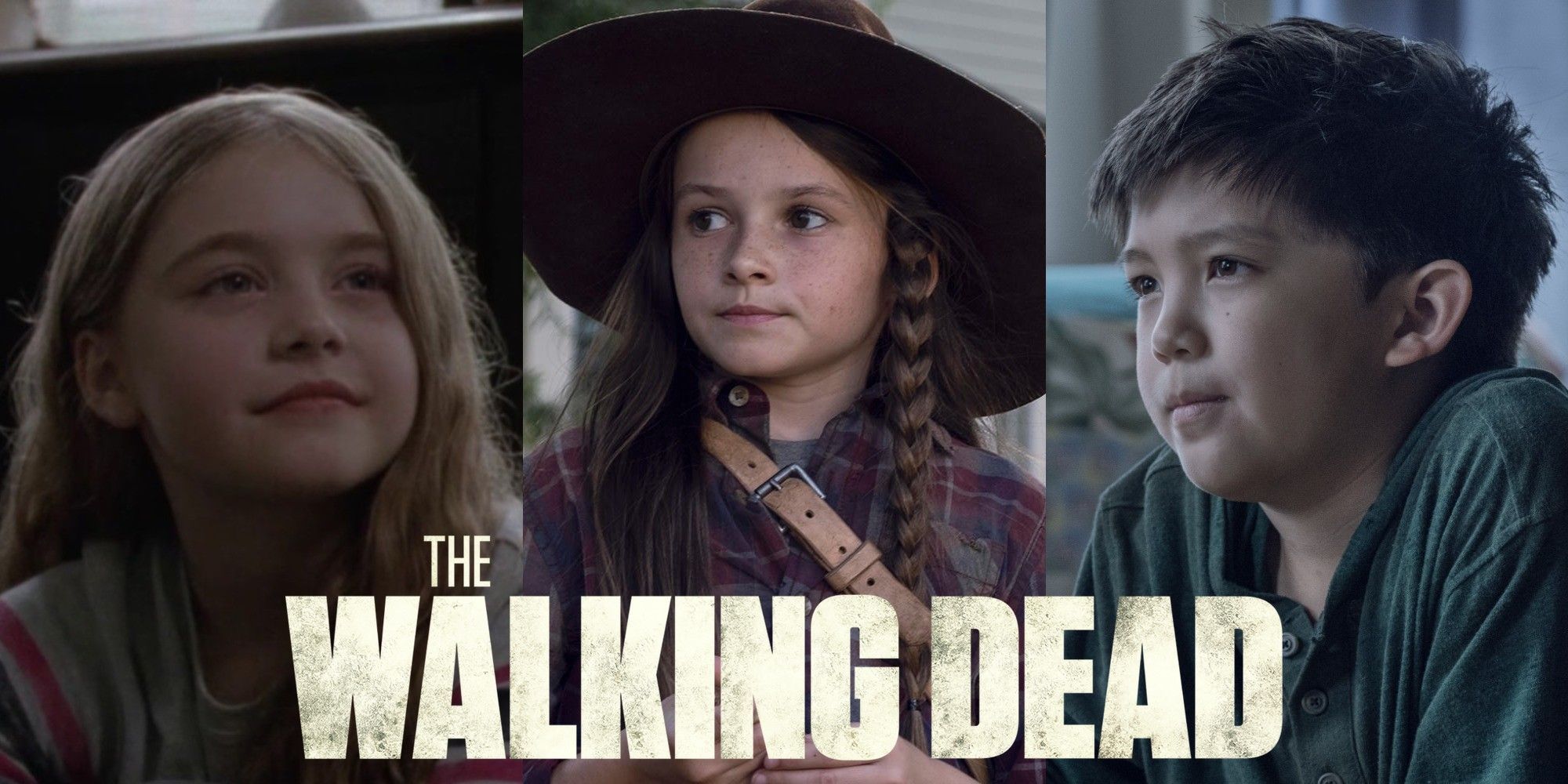 Split image of Gracie, Judith and Hershel Rhee from The Walking Dead
