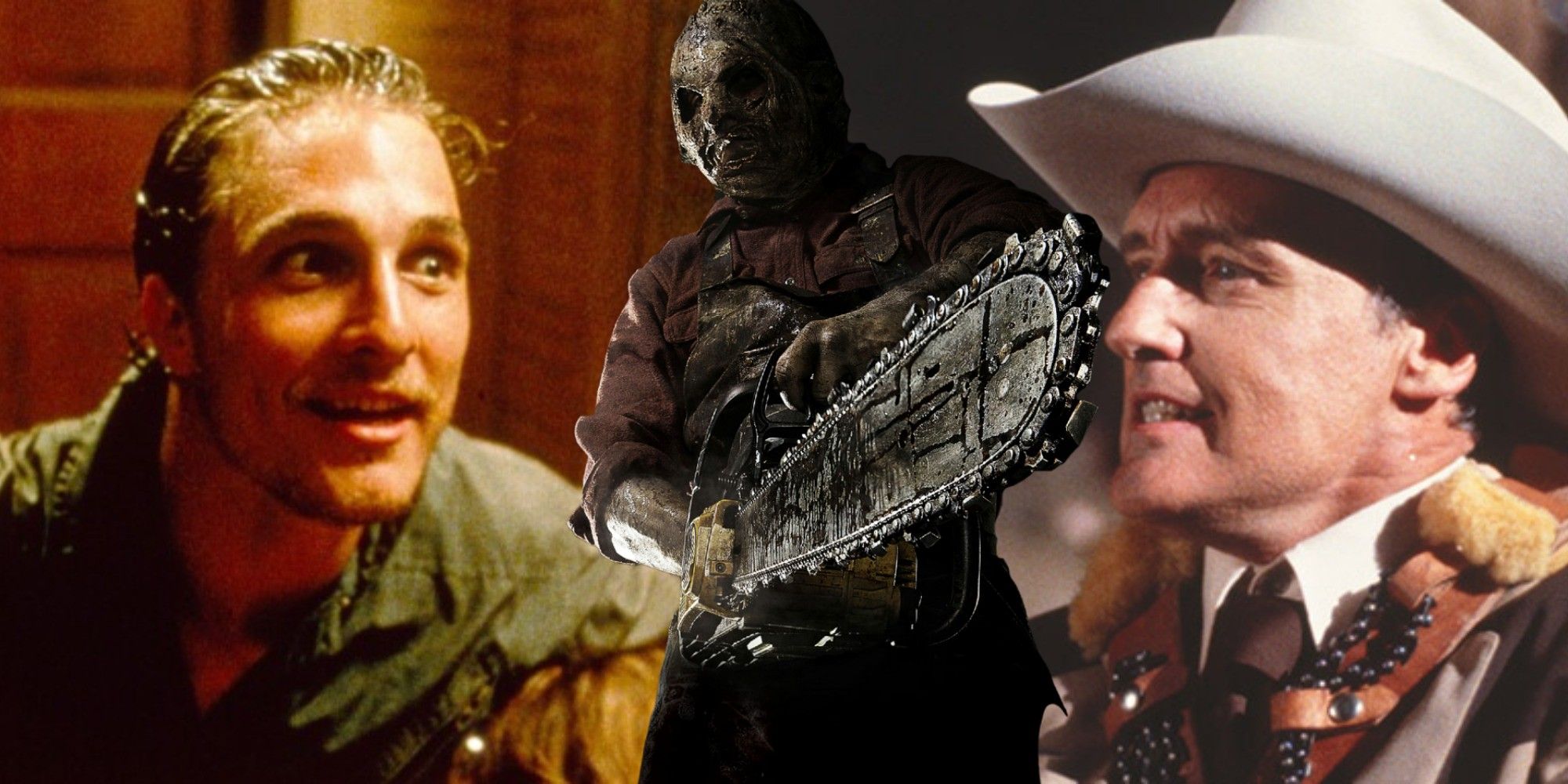 Split image of Matthew McConaughey, Leatherface and Dennis Hopper from Texas Chainsaw Massacre movies