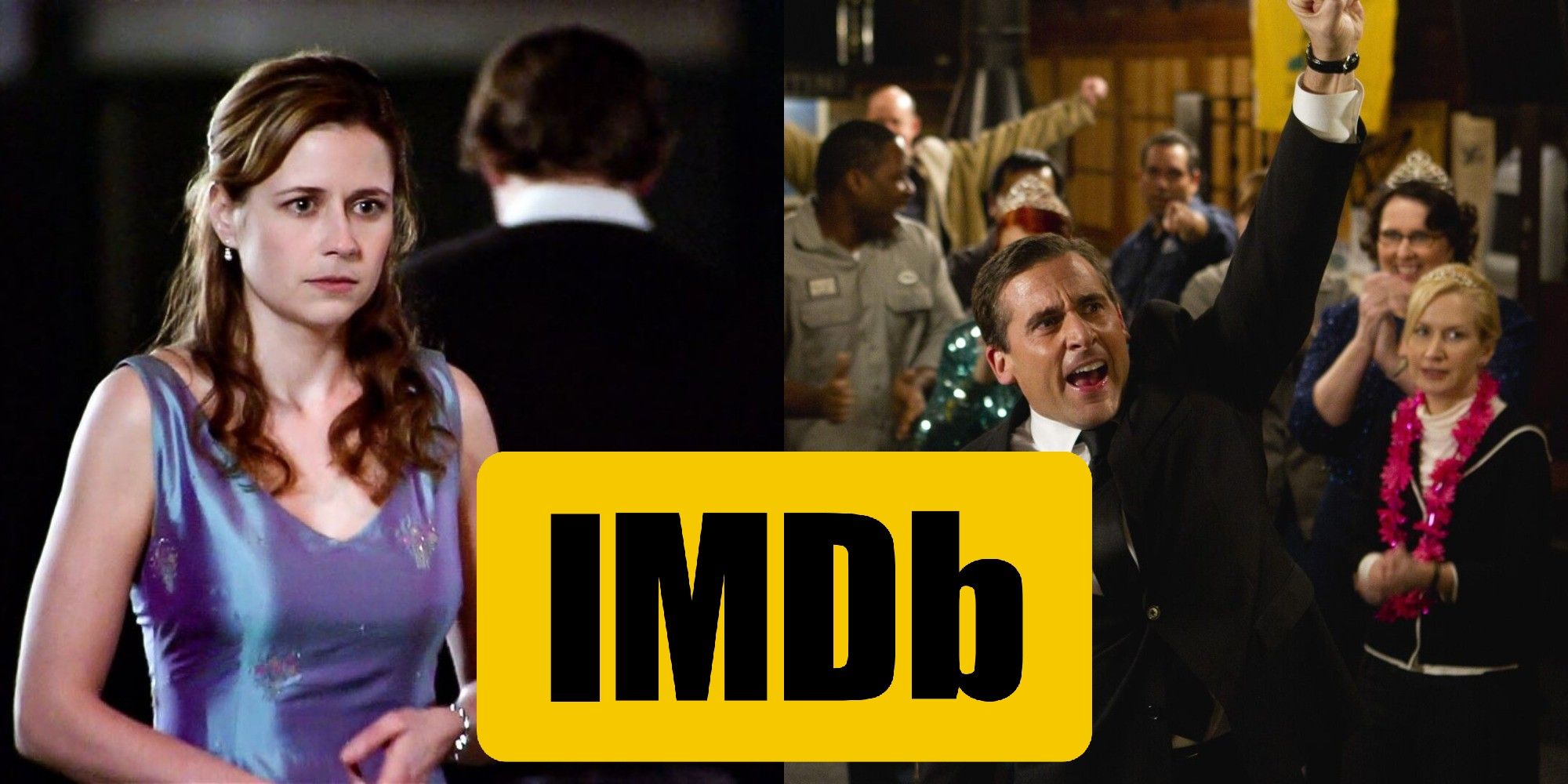 Split image of Pam and Michael on The Office with the IMDb logo on top