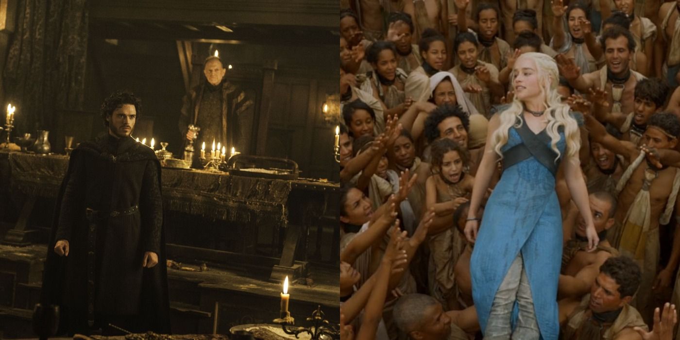 Split image of Robb Stark watching his wife die during the Red Wedding &amp; Daenerys Targaryen being celebrated by her people who are calling her 'Mother' in Game Of Thrones