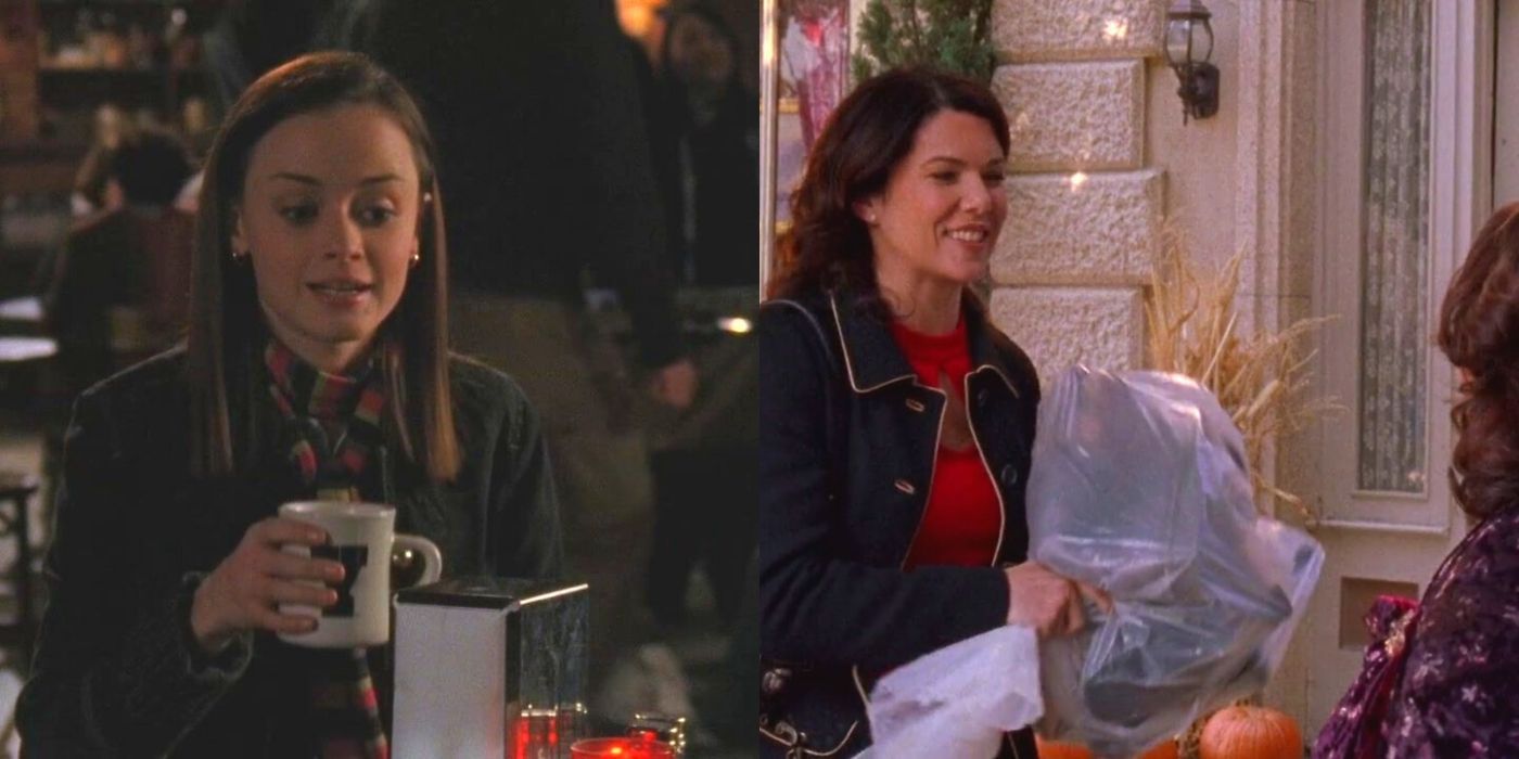 Split image of Rory drinking coffee and Lorelai shopping for fall decor on Gilmore Girls