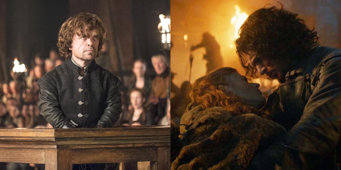 Split image of Tyrion Lannister at his trial &amp; Jon Snow holding a dying Igrid in Game Of Thrones