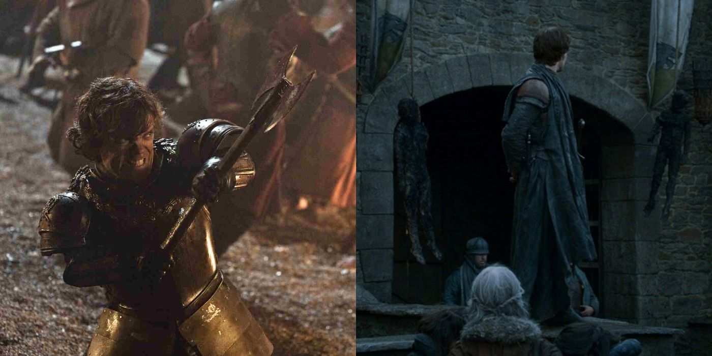 Split image of Tyrion Lannister fighting in the Battle of the Blackwater &amp; Theon Greyjoy with two hanged and burned orphan boys he claims to be the younger Stark brothers after he takes Winterfell in Game of Thrones
