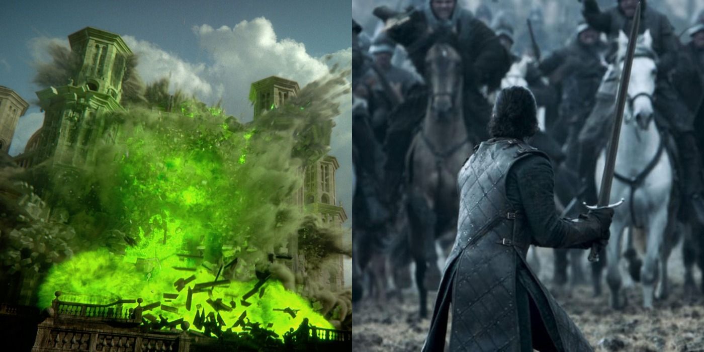 Split image of the Sept of Baelor being blown up by Wildfire &amp; Jon Snow fighting alone during the Battle of the Bastards in Game Of Thrones