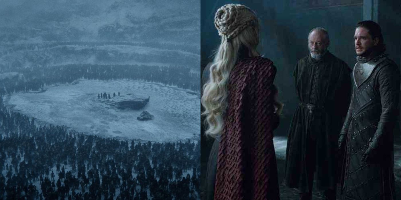 Split image of the heroes trapped by the Night King's army beyond the wall &amp; Jon Snow meeting Daenerys Targaryen for the first time at Dragonstone in Game Of Thrones