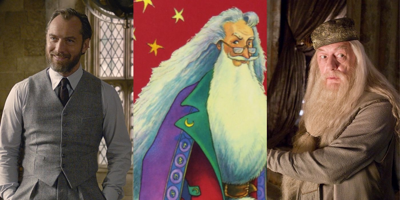 Split image showing young Dumbledore, Book Dumbledore, and Dumbledore in the Harry Potter movies