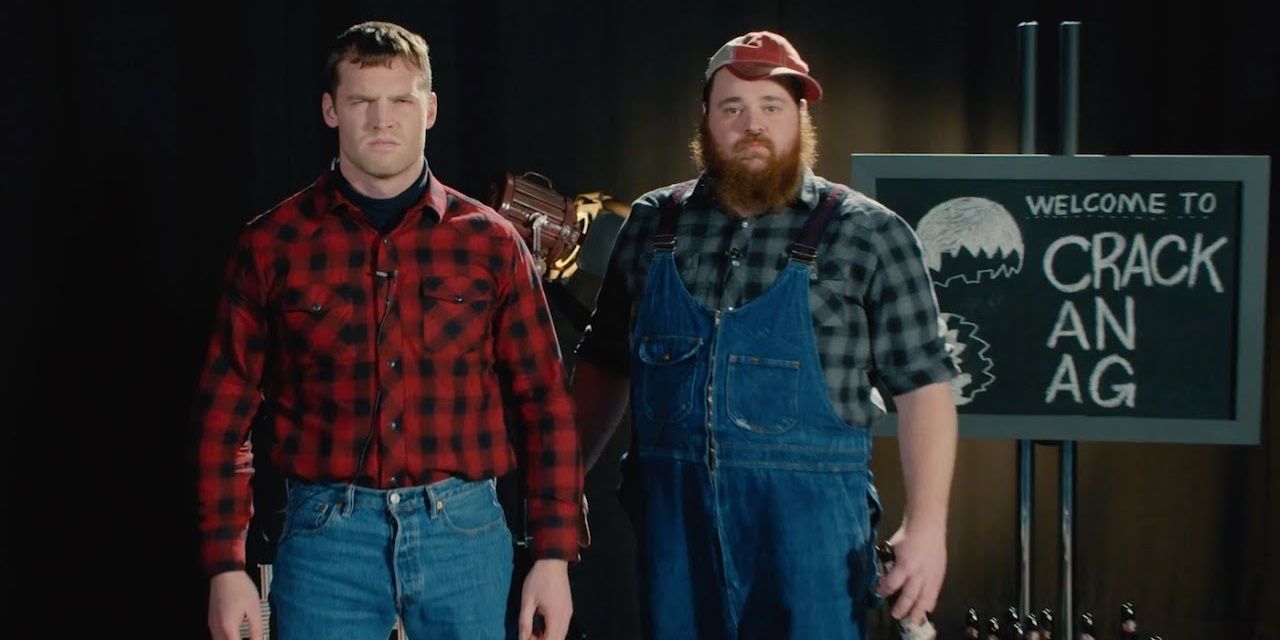 Wayne and Squirrely Dan on Letterkenny next to a sign that says 