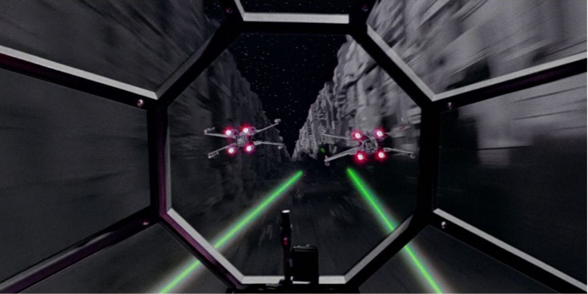 TIE Fighters hunt x-wings during the Trench run attack on the Death Star in A New Hope
