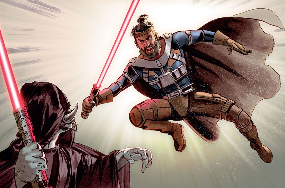 Kane Starkiller attacks a Knight of the Sith.