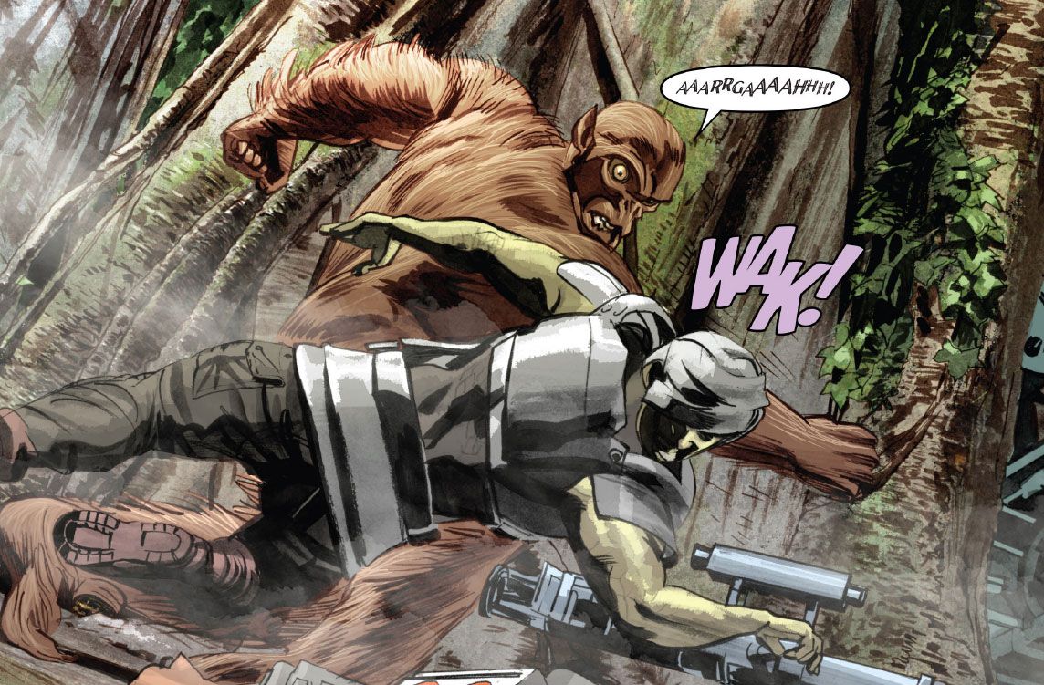 Wookiees attack slavers on the forest planet of Yavin.