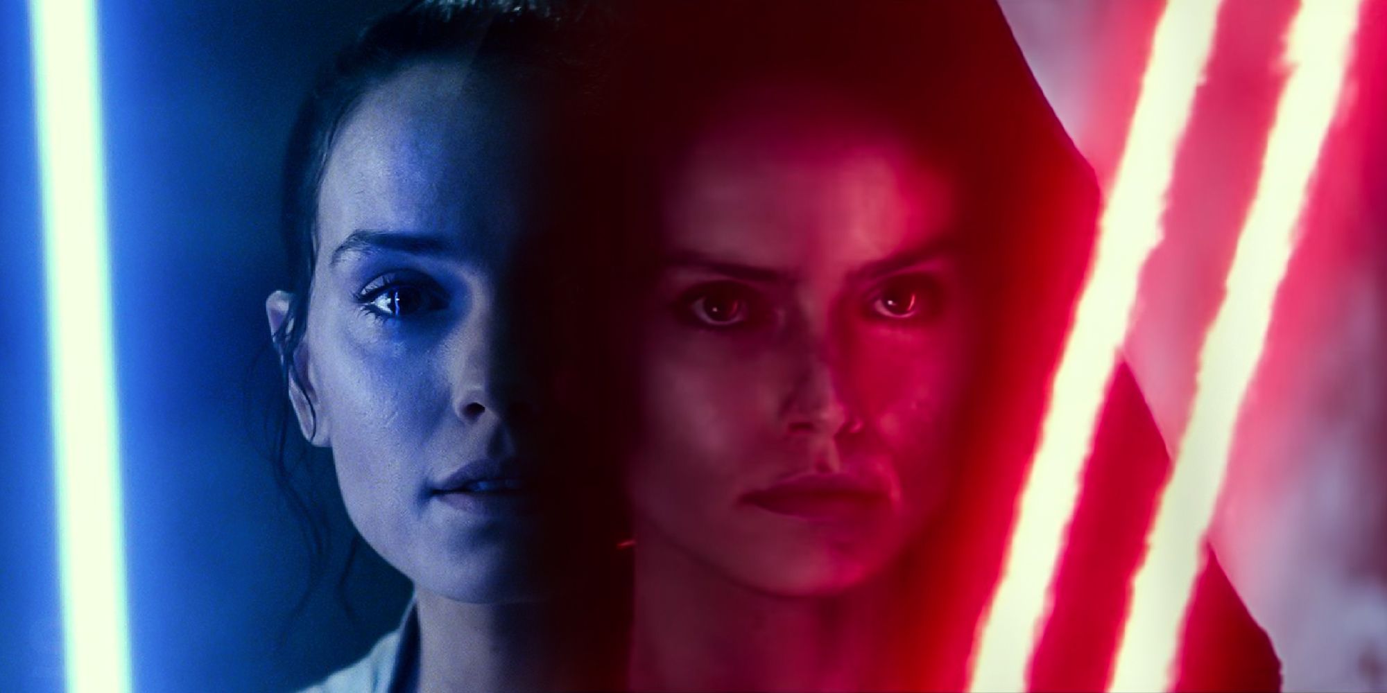 Split image of good and evil Rey in Star Wars