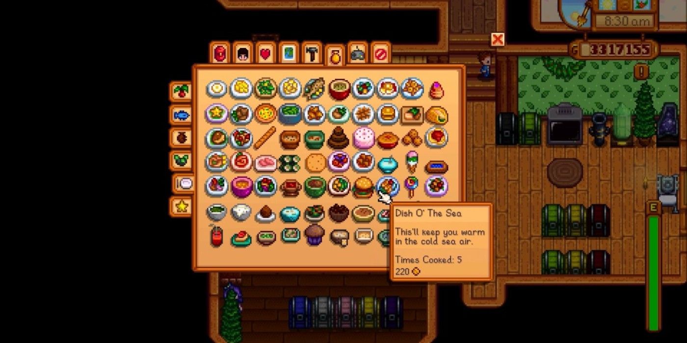 Uma tela de menu mostrando uma enorme quantidade de comida cozida em Stardew Valley