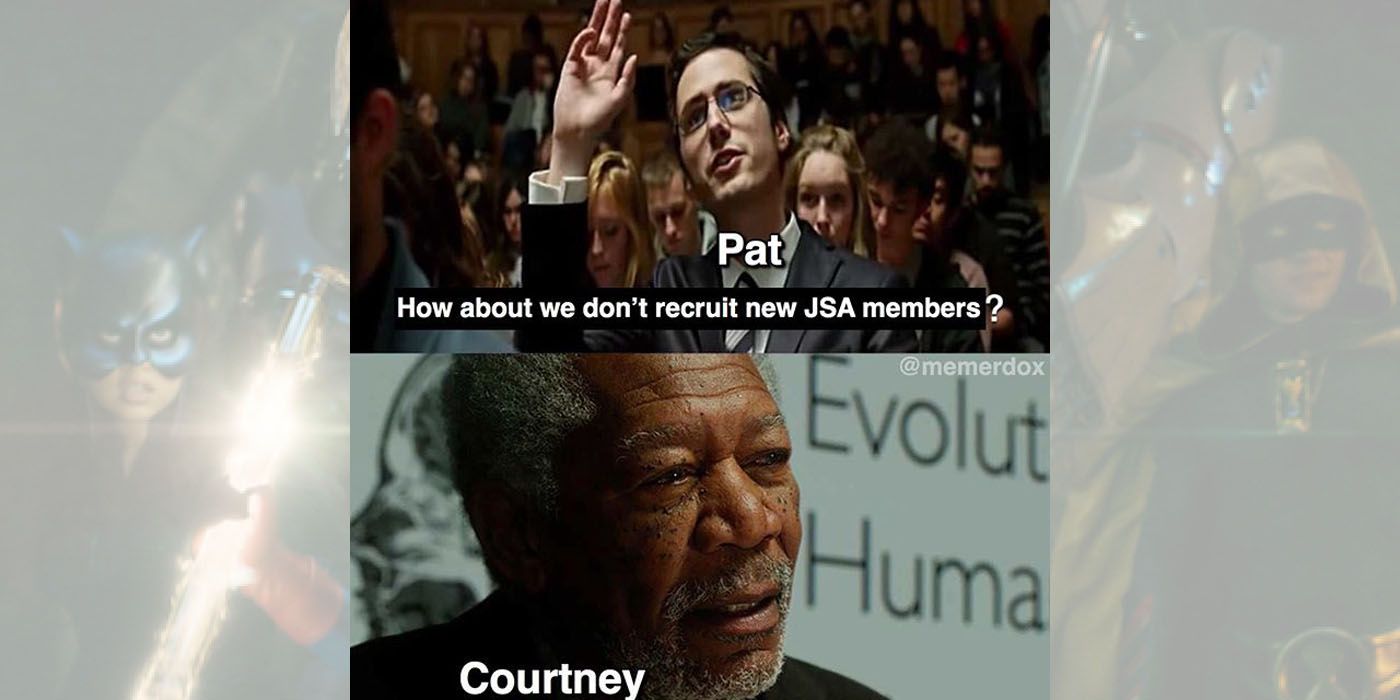 Jurer with hand hand up labelled as Pat saying &quot;why don't we not recruit more JSA members. Bottom panel has Morgan Freeman labelled as Courtney doing a wtf face.
