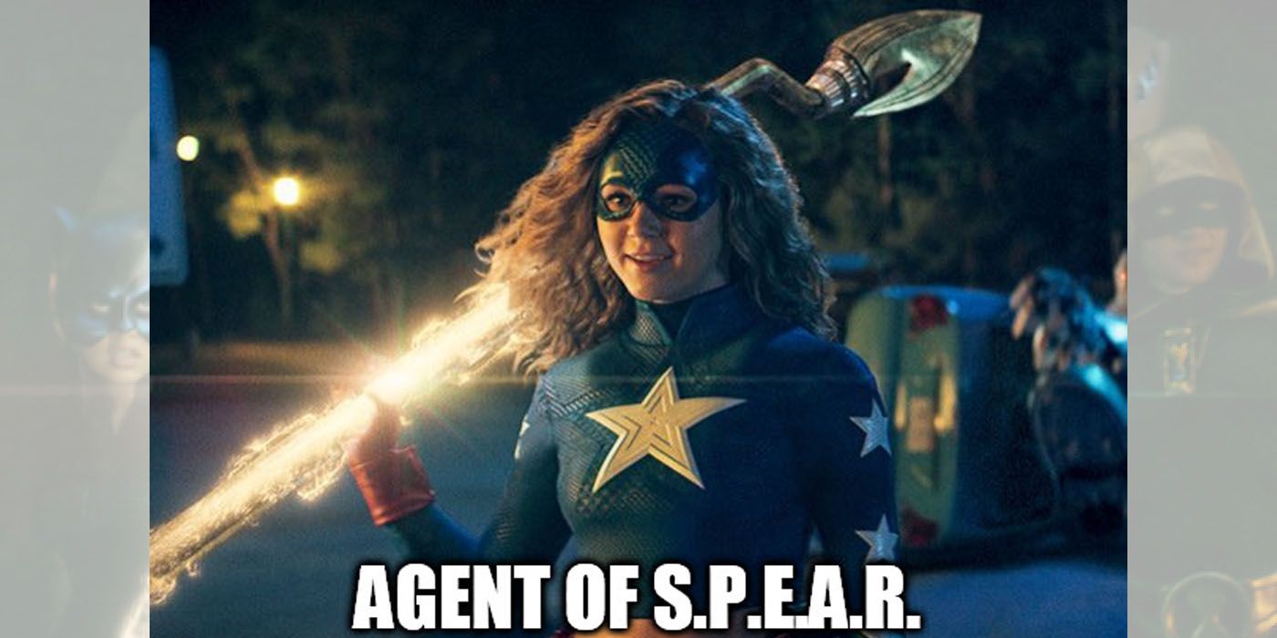 Stargirl with her staff and the line &quot;agent of S.P.E.A.R.&quot;