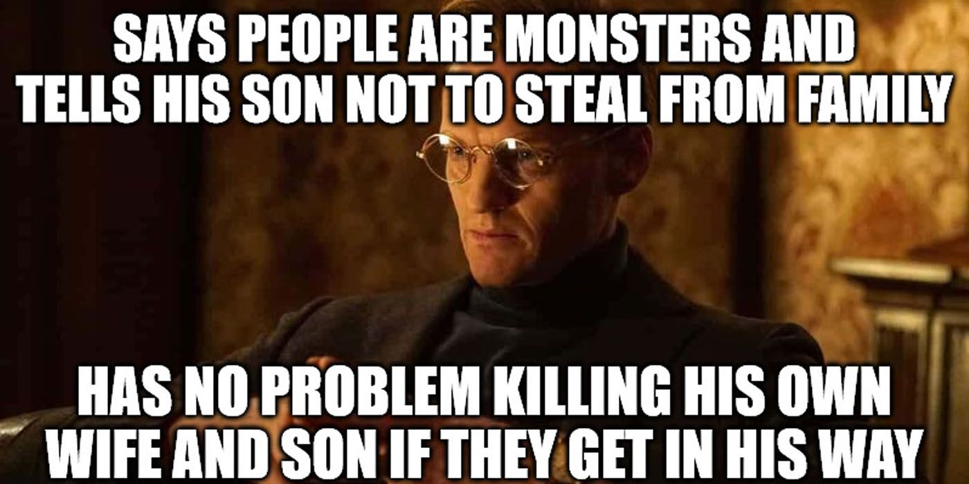 Brainwave with the text &quot;says people are monsters and tells his son not to steal. Has no problem killing his wife and son when they get in his way.&quot;
