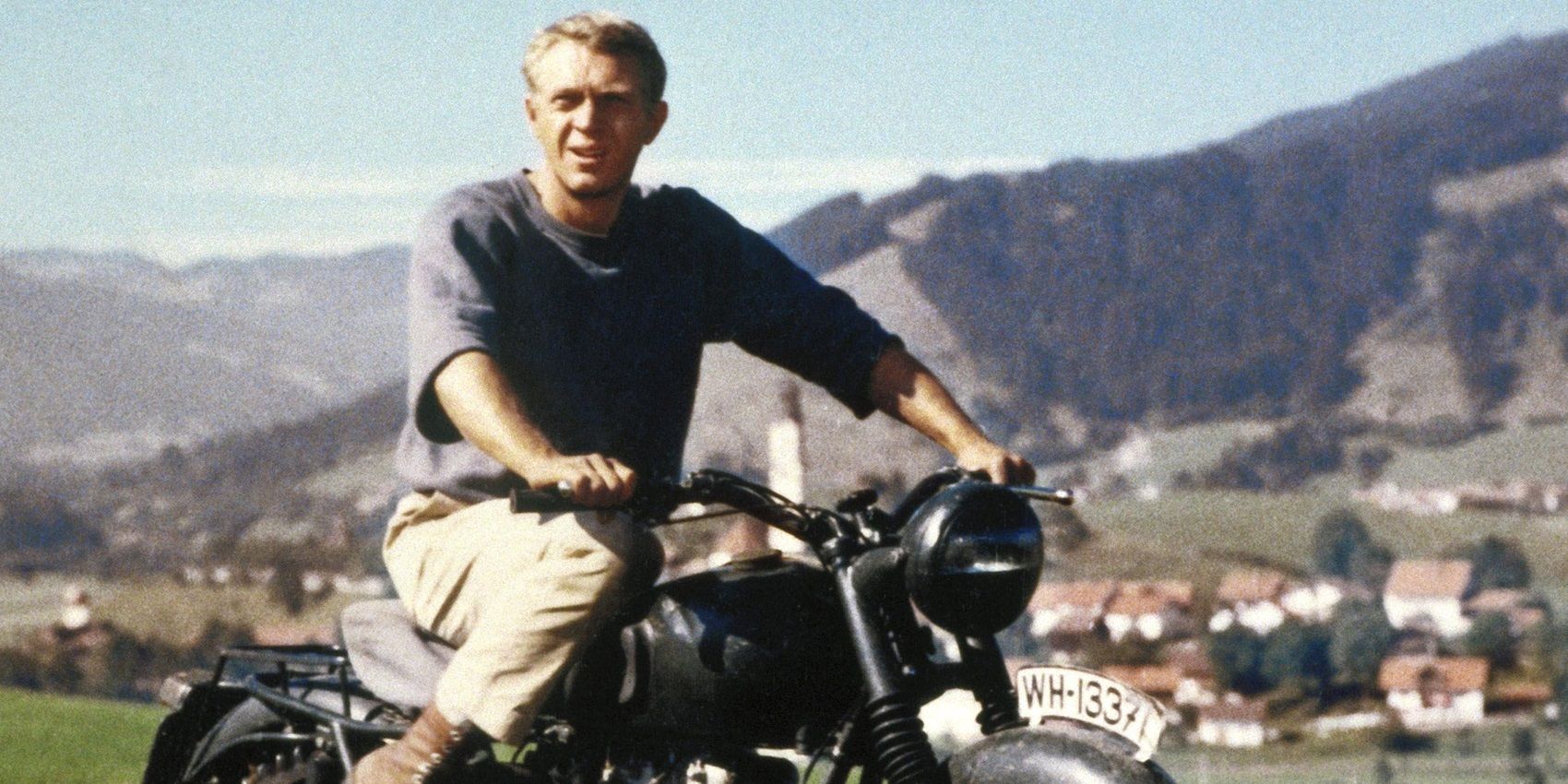 Captain Virgil Hilts on a motorcycle in The Great Escape.