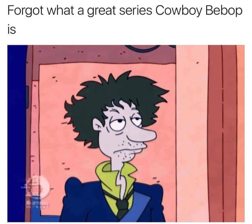 A Cowboy Bebop meme where Stu Pickles from Rugrats looks like Spike Spiegel
