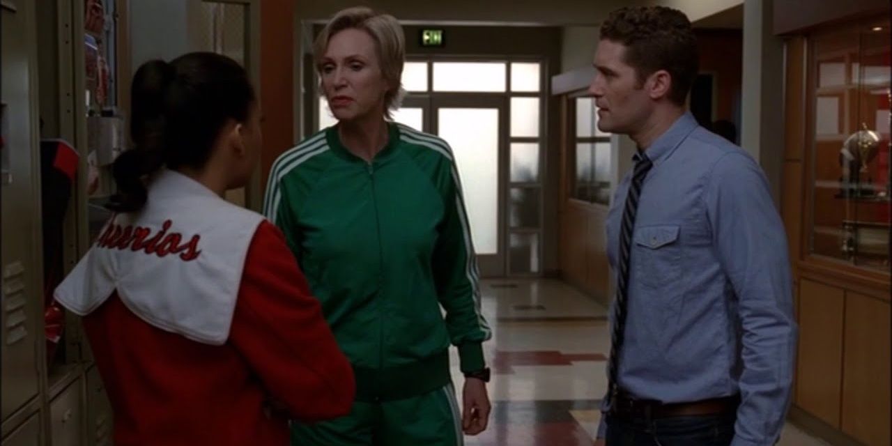 Sue Sylvester, Santana Lopez and Will Schuester talk in Glee