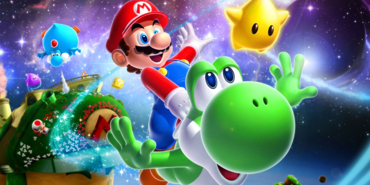 Super Mario Galaxy 2 menampilkan Mario mengendarai Yoshi melalui ruang angkasa.