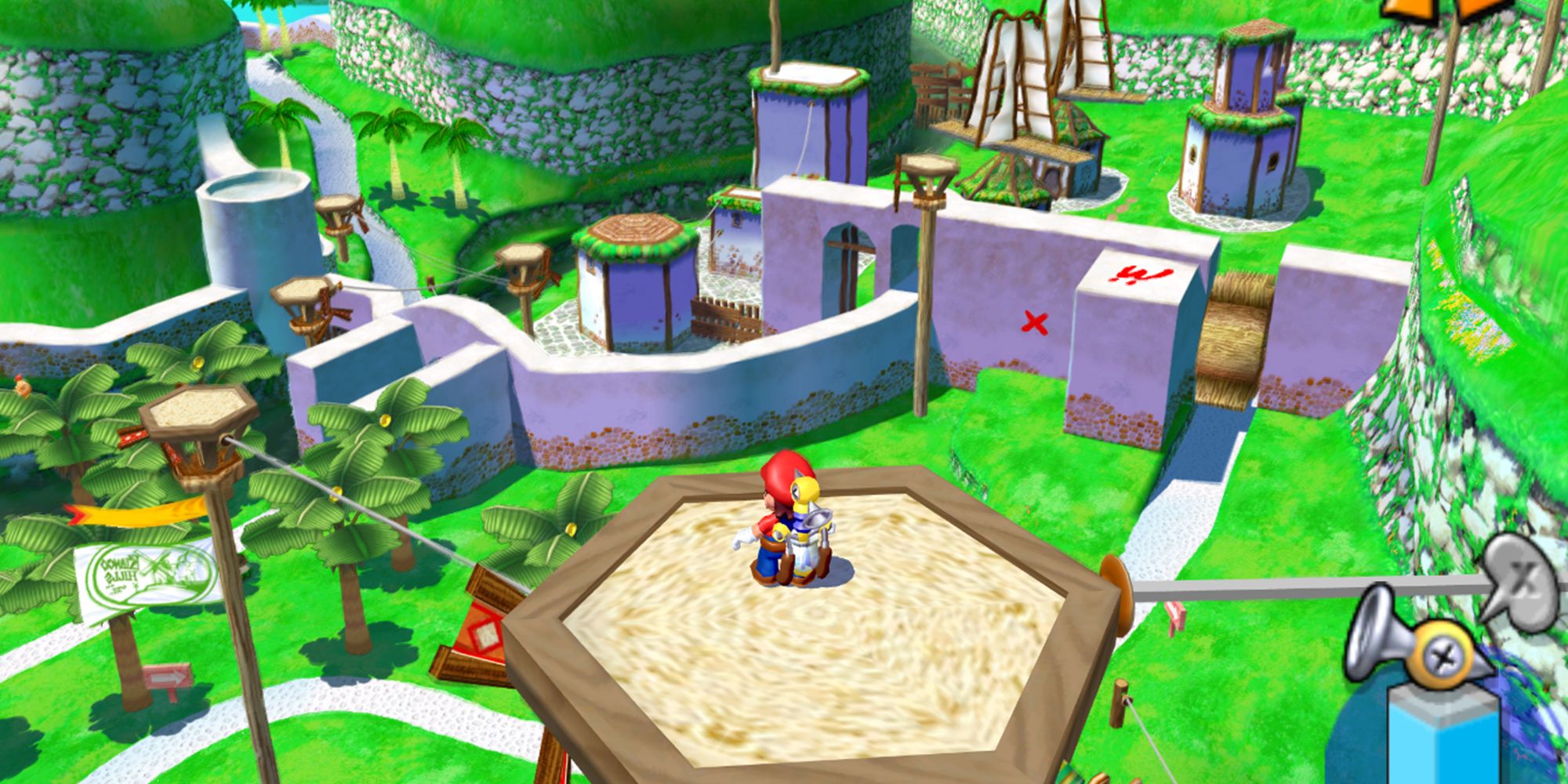 Super Mario Sunshine Bianco Hills, Mario standing on top of a platform looking down at the city