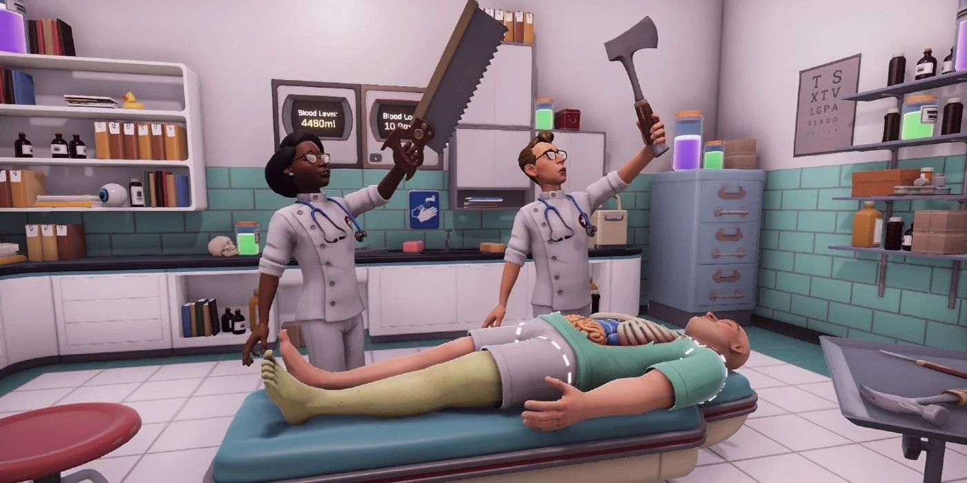 Players wield a saw and an axe to operate on Bob in Surgeon Simulator 2