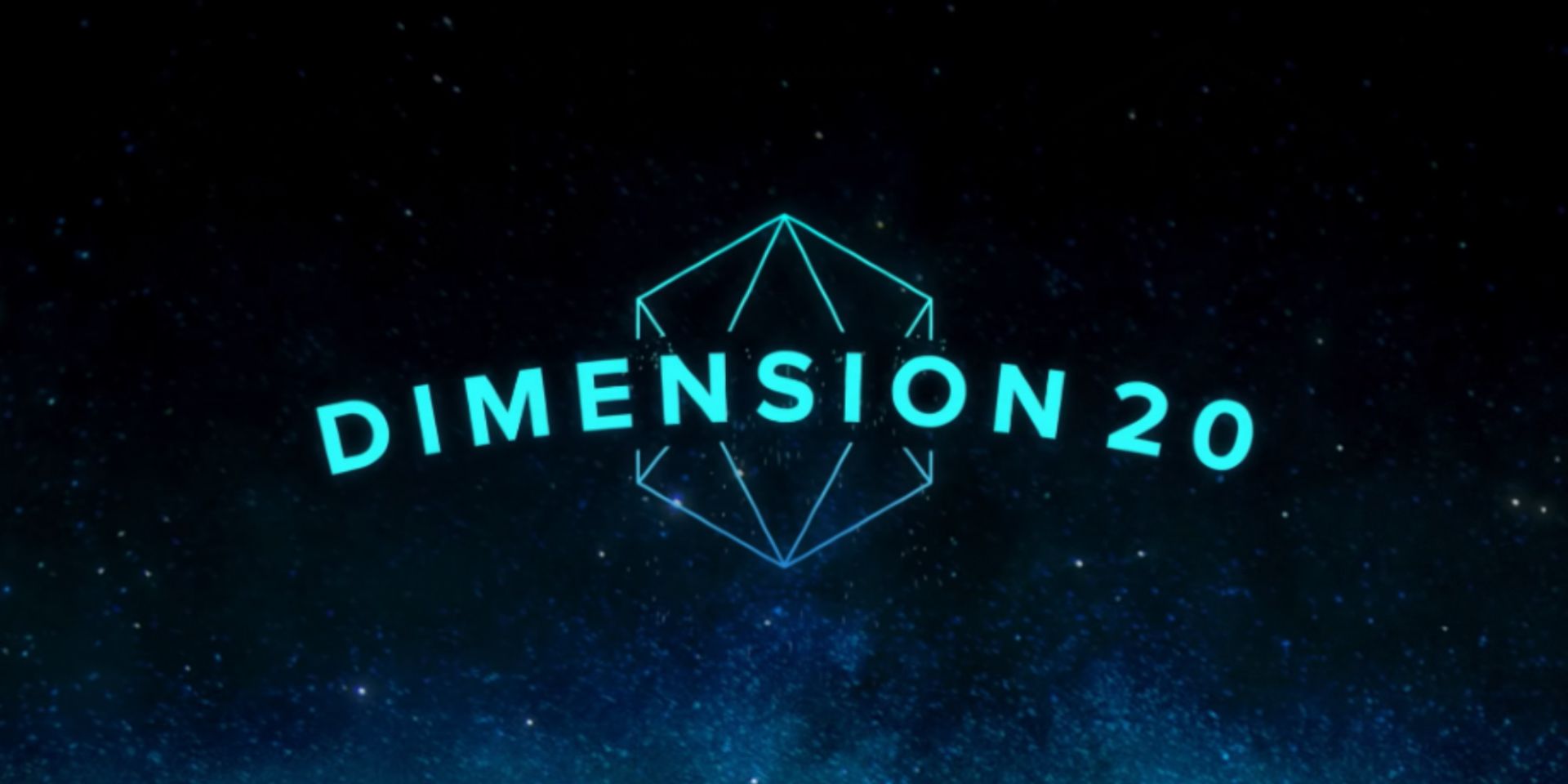 Tabletop liveplay Dimension 20 has a blue vector logo in a space background.