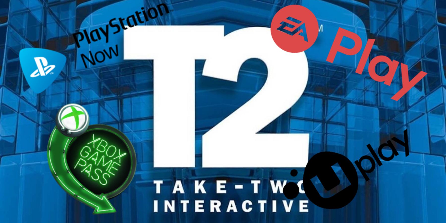 Take-Two Interactive logo with Xbox Game Pass, playStation Now, UPlay, and EA Play logos.