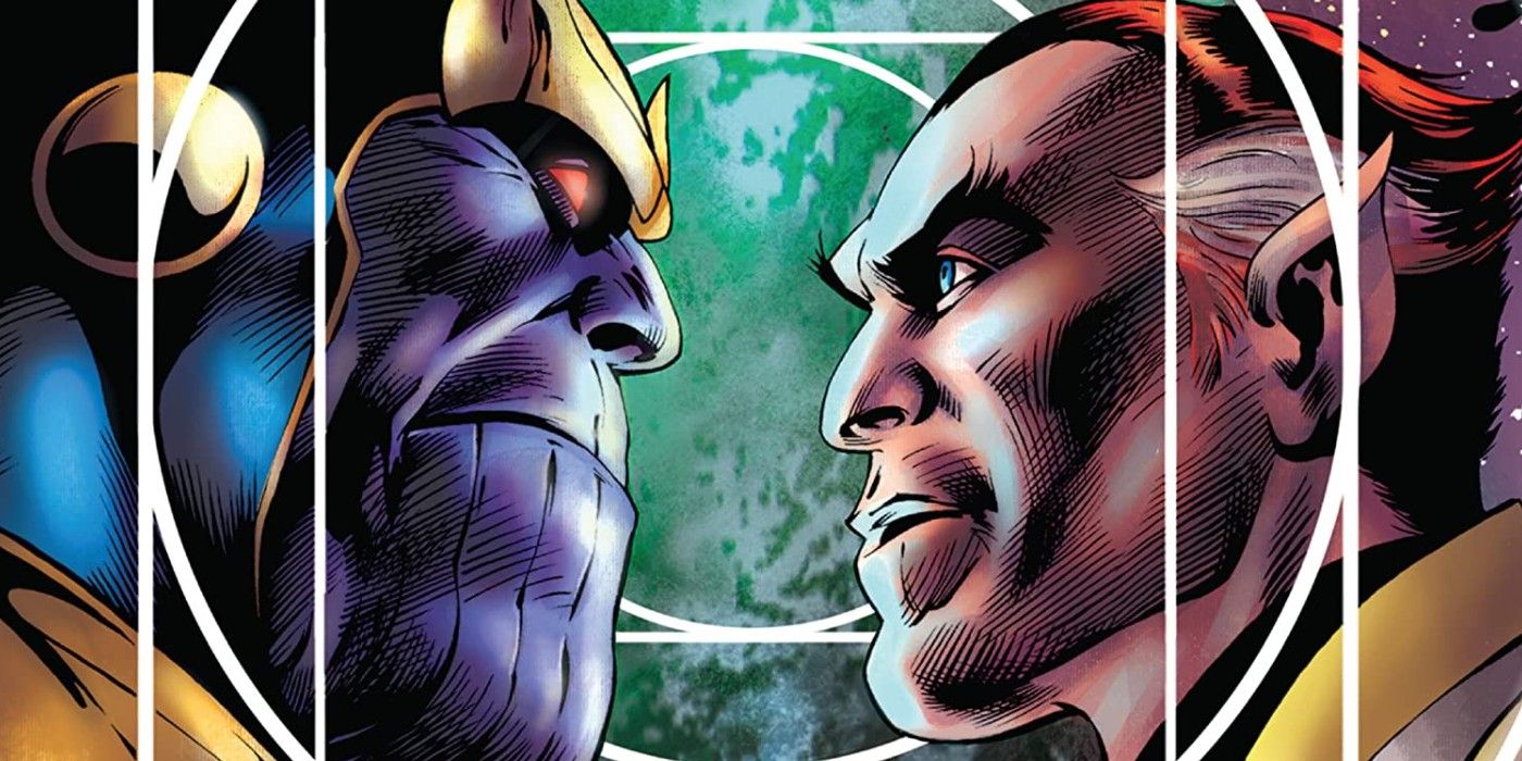 Thanos and Starfox facing one another in Marvel Comics.