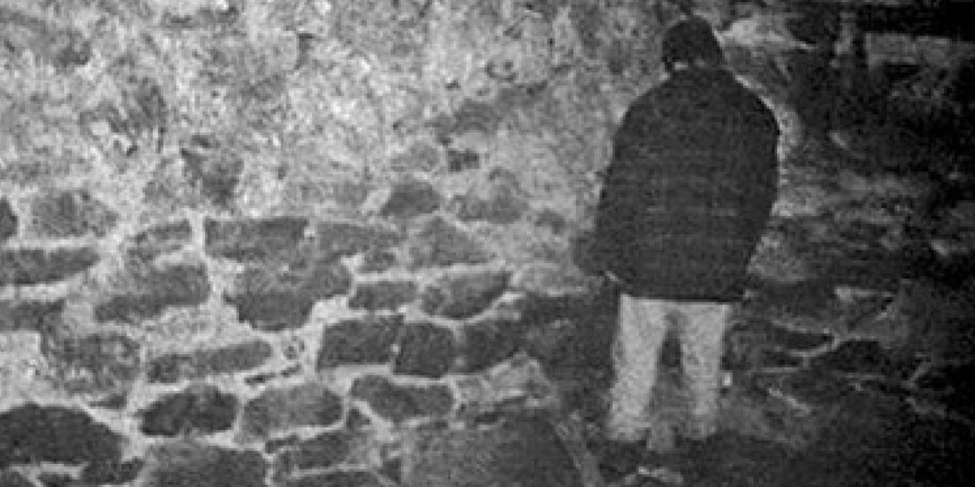 A man with his back to the camera stand near a wall in The Blair Witch Project.