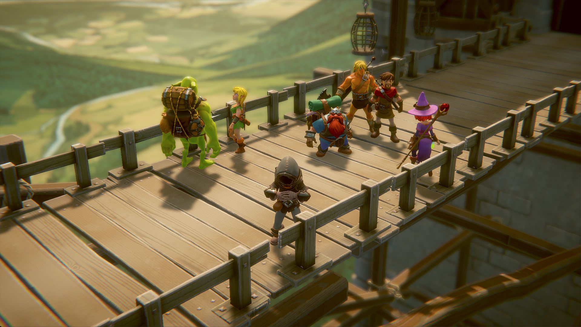 The party stands on a bridge in the Dungeon of Naheulbeuk