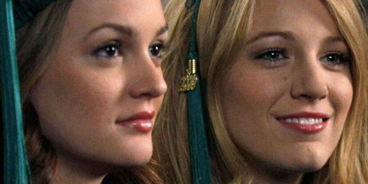 Blair and Serena in Gossip Girl both looking off into the distance.