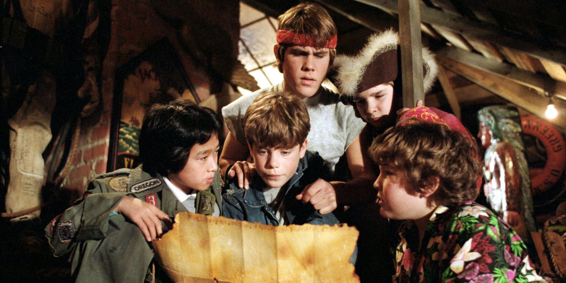 The Goonies look at a map in the cave