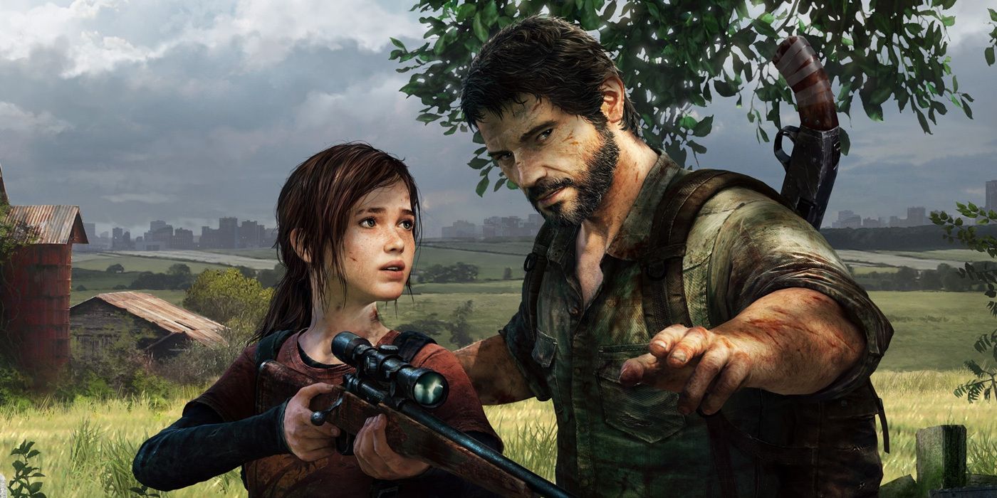 The Last of Us Ellie holding a gun as Joel instructs her on how to shoot it.