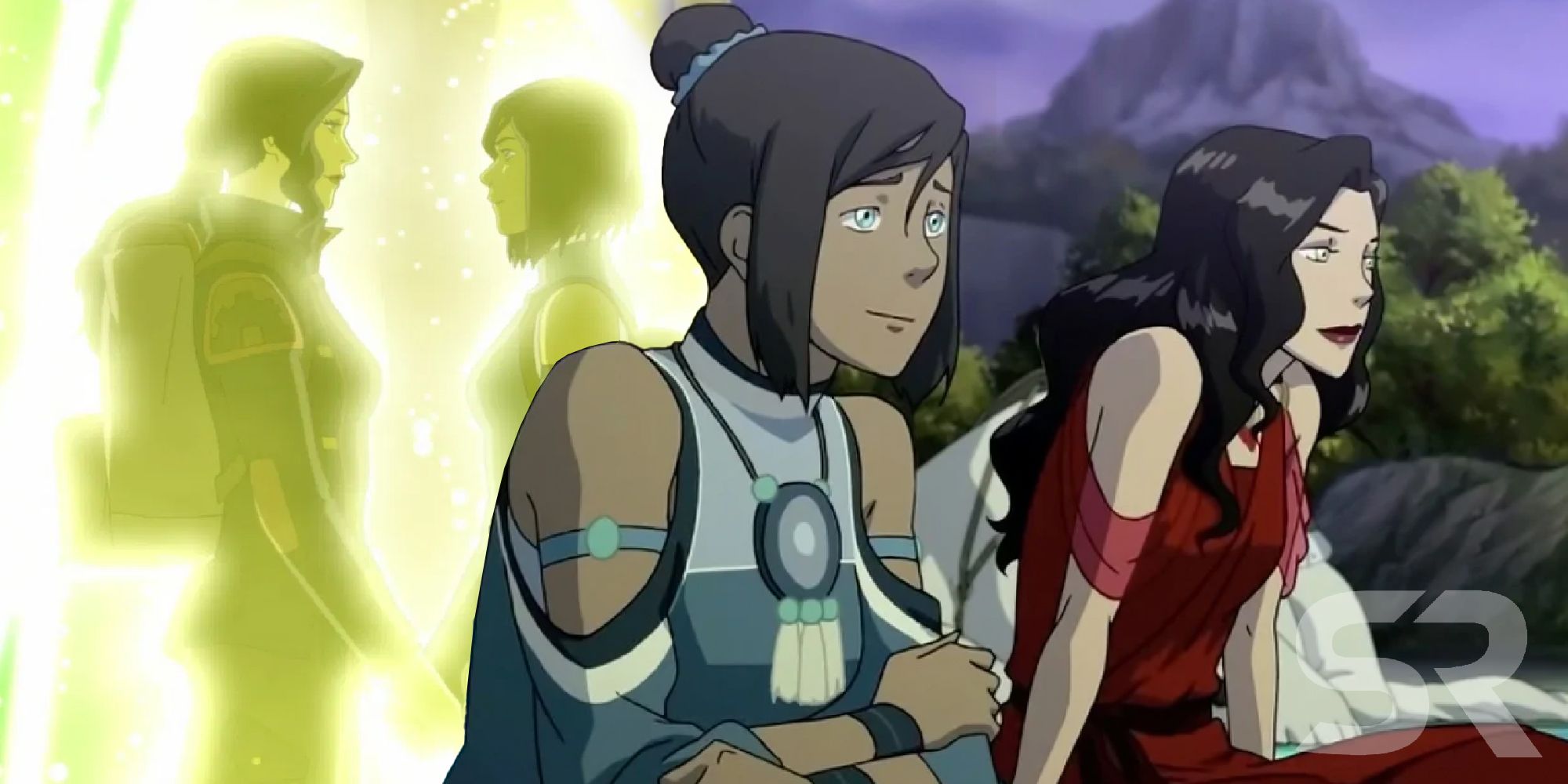 An image of Asami and Korra disappearing to the Spirit World next to them sitting together in Legend of Korra