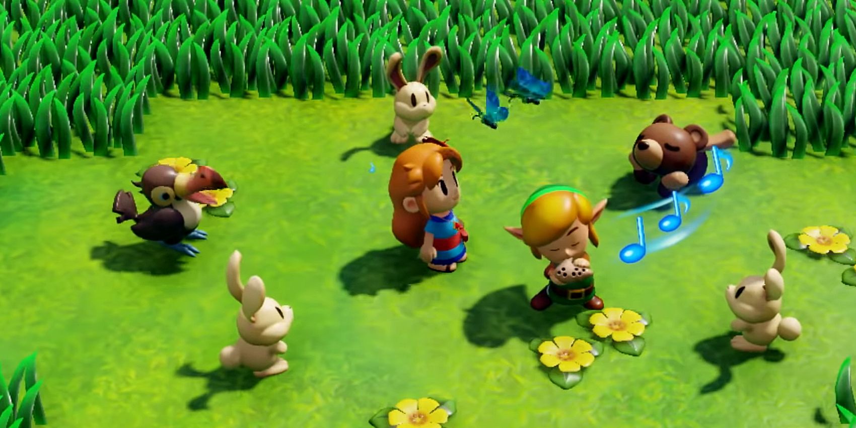 Link with Marin in The Legend Of Zelda: Link's Awakening, playing his occarina as animals gather round